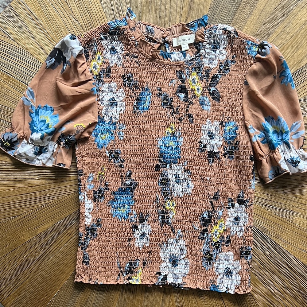 a new day Floral Smocked Blouse - Brown and Blue